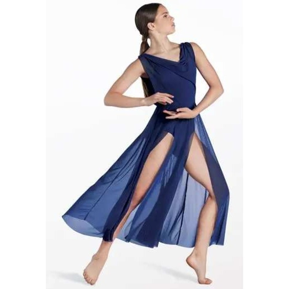 Balera Double Cowl Mesh Maxi Dress Womens M Blue Balet Dance Costume Sheer Flowy